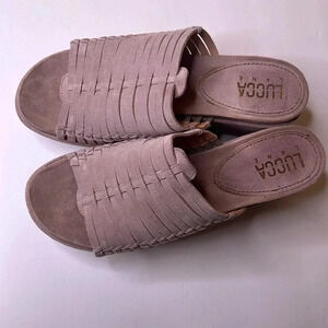 Lucca Lane leather neutral mules heeled wedges sandals size 10